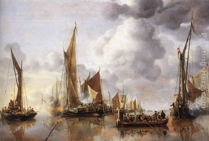 The State Barge Saluted by the Home Fleet painting - Jan van de Capelle The State Barge Saluted by the Home Fleet art painting